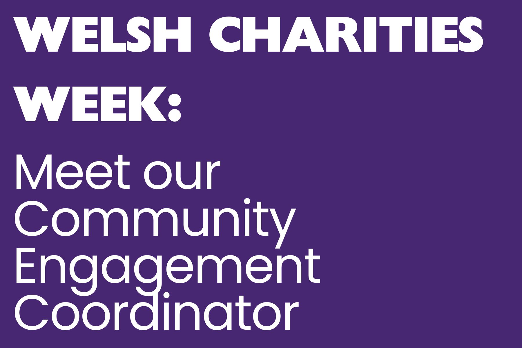 Community Engagement Coordinator A purple background with white text reading, 'Welsh Charities Week: Meet our Community Engagement Coordinator.