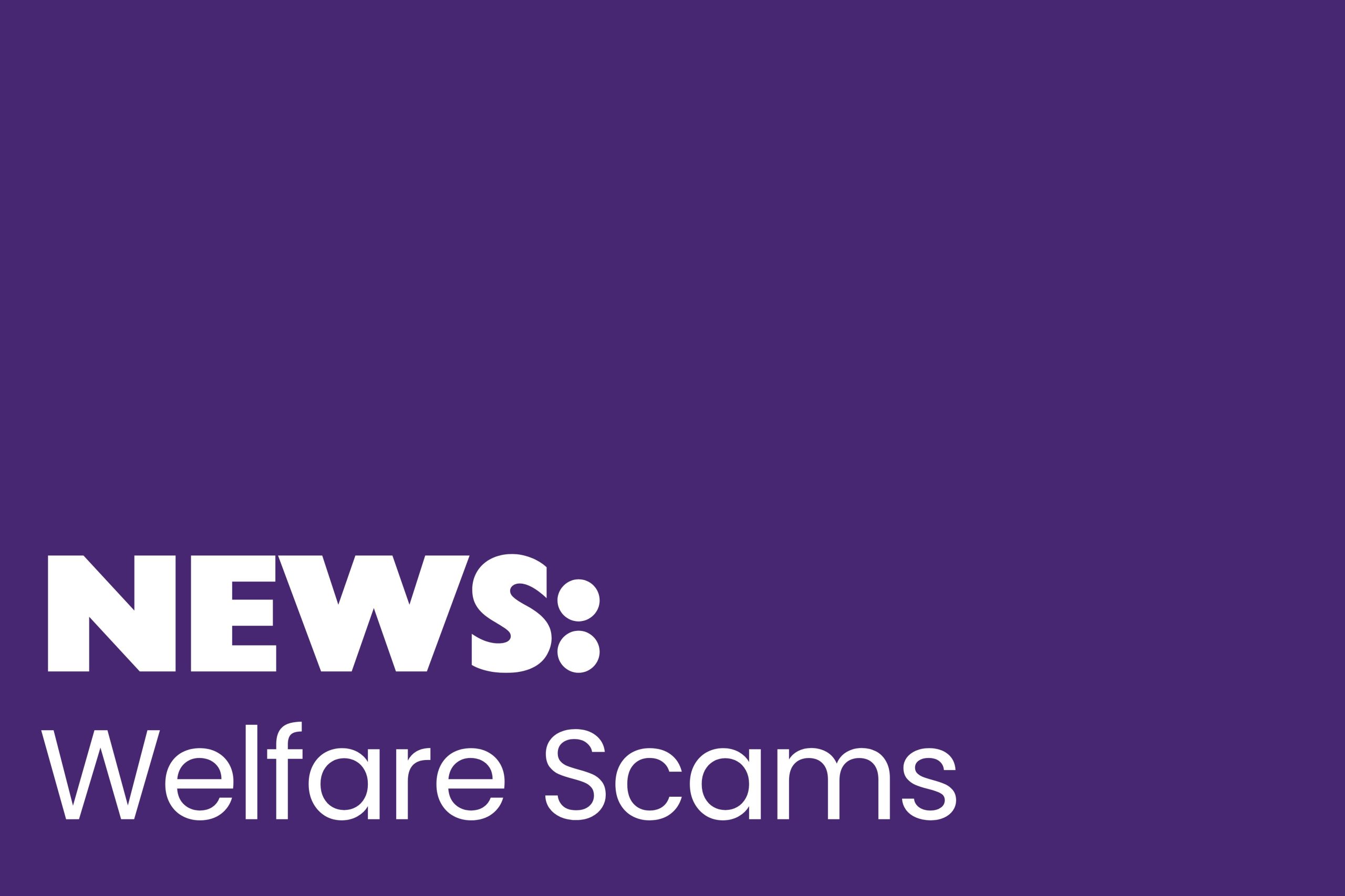Welfare Scams The image has a solid purple background with bold white text in the bottom left corner. The word "NEWS:" is displayed in large uppercase letters, followed by "Welfare Scams" in a slightly smaller, lowercase font.